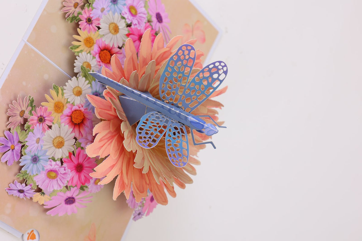 Mixed Color Daisy Dragonfly Greeting Card