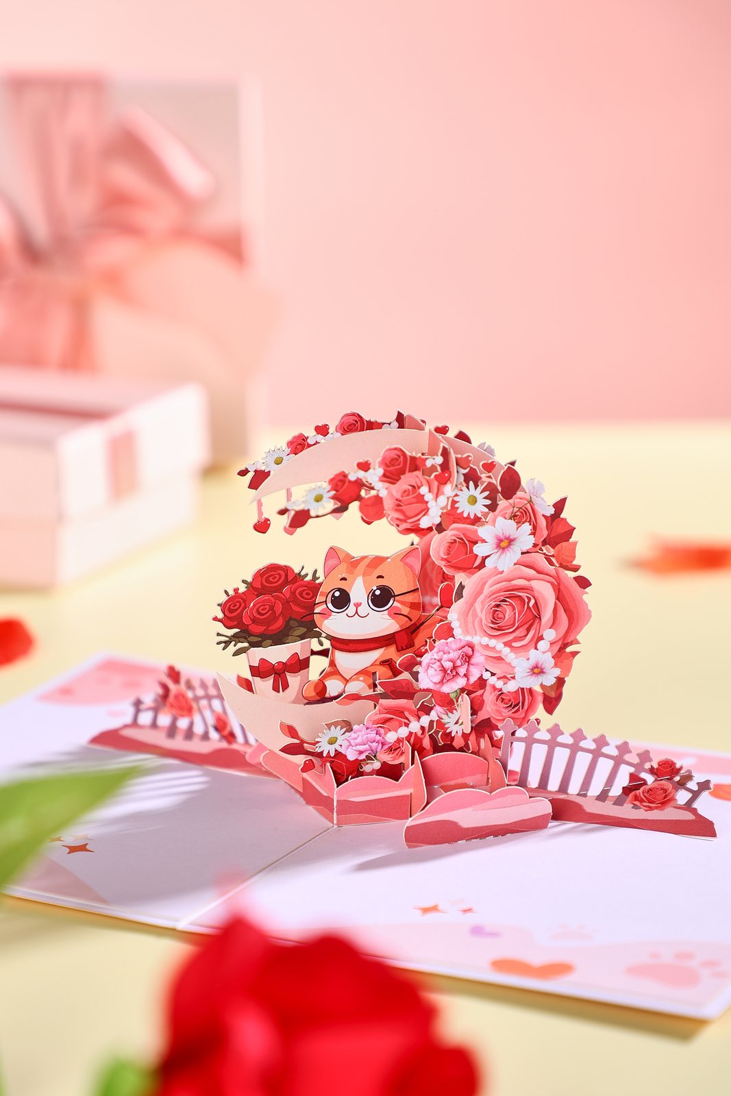 Rose Crescent Moon Cat 3D Pop Up Card