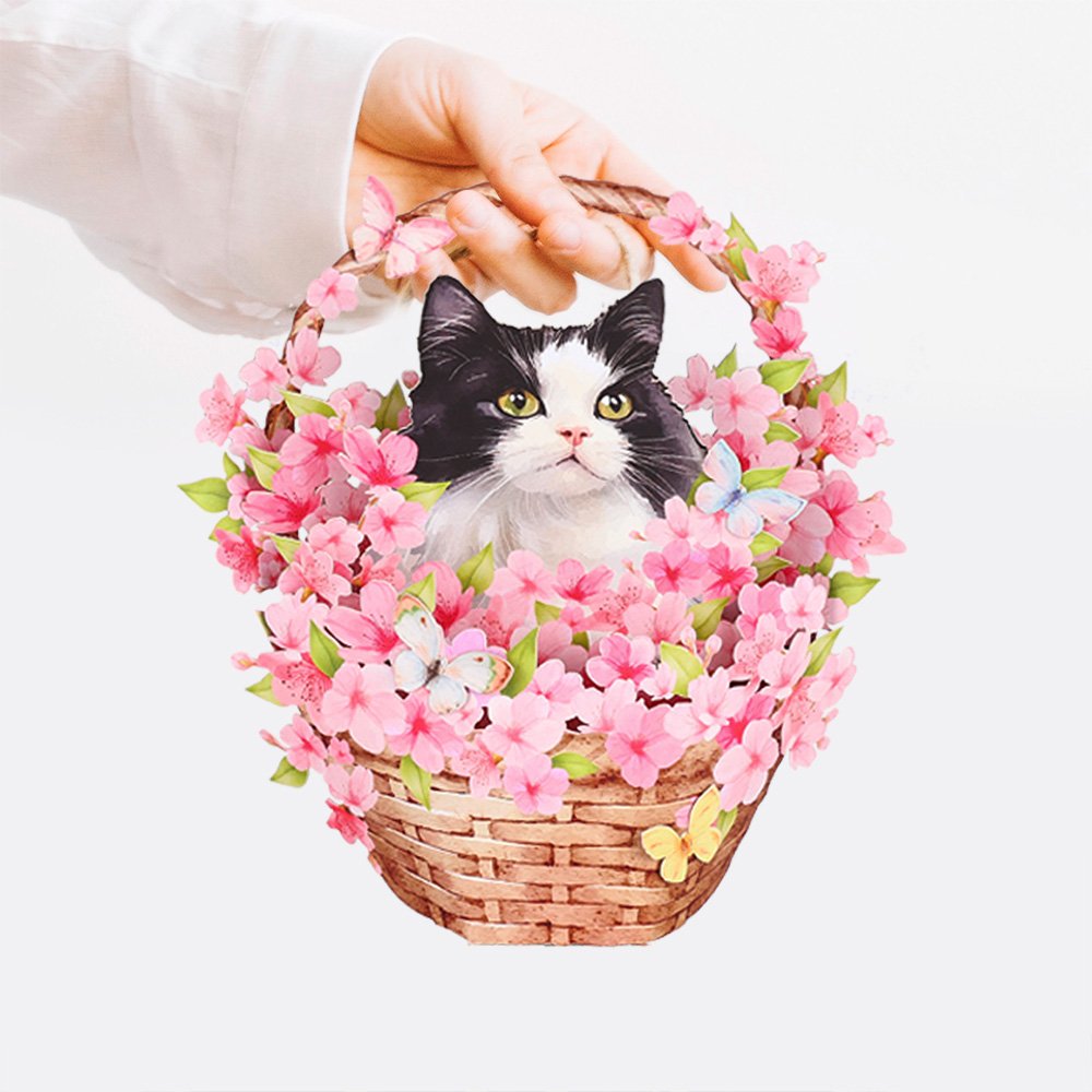 Cherry Blossom Cat Flower Basket Pop Up Card