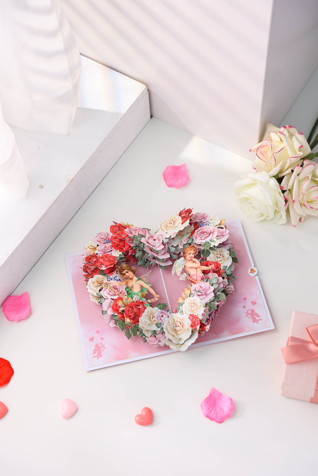 Vintage Angel Heart Floral Wreath Pop Up Card