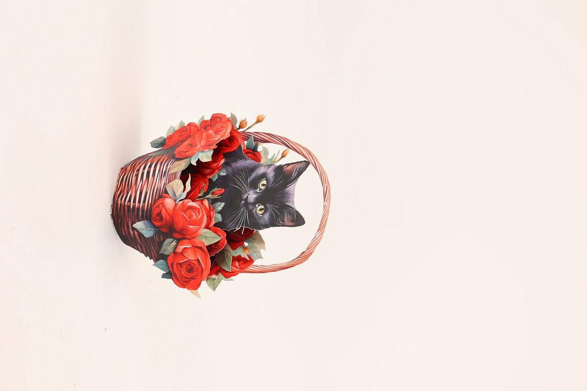 Black Cat Red Rose Basket Hanging Ornament