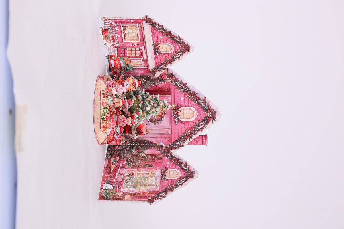 Pink Christmas Snowy House Greeting Card