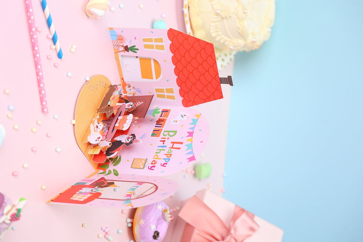Blue Cottage Birthday Flip Pop Up Card