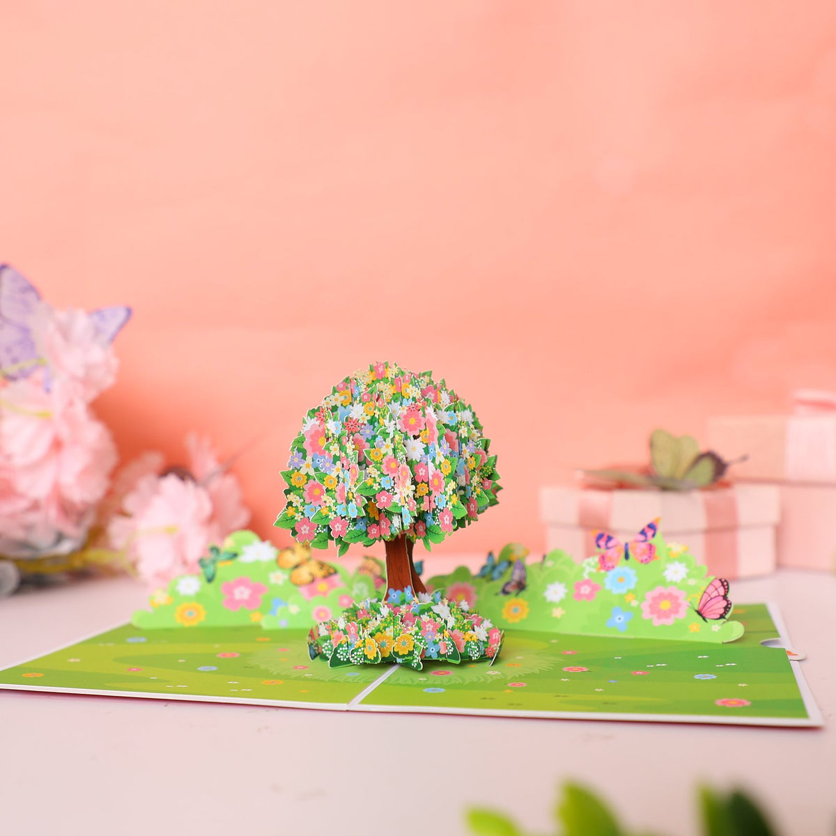 Flower Tree & Butterfly Garden Greeting Card