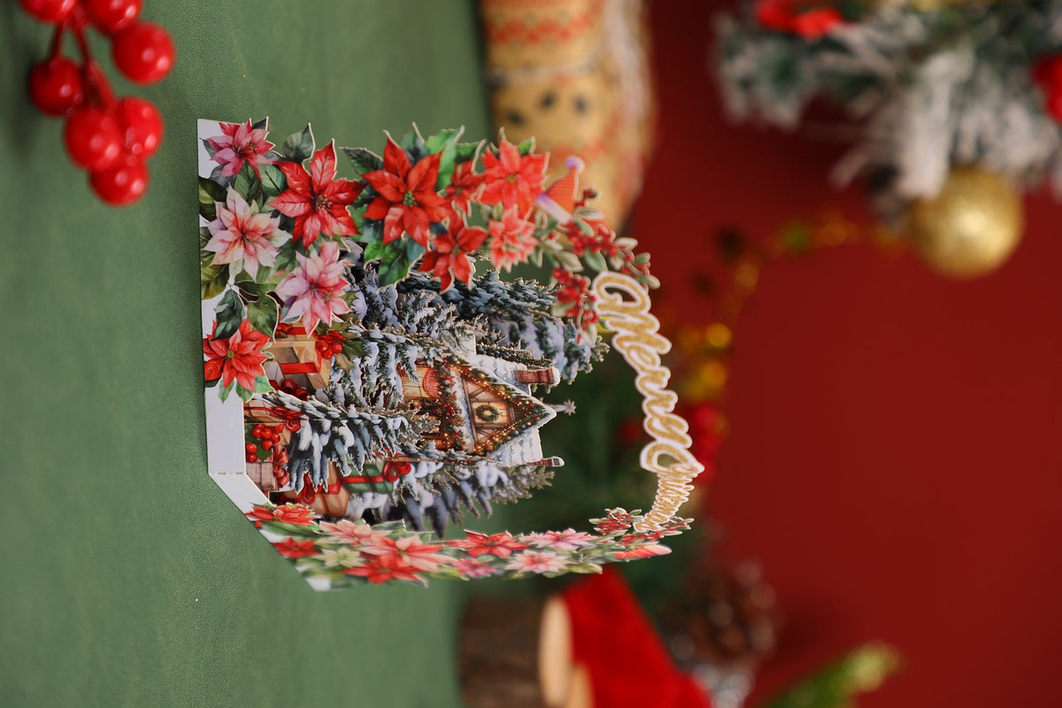 Christmas Floral Wreath Snowy House Greeting Card