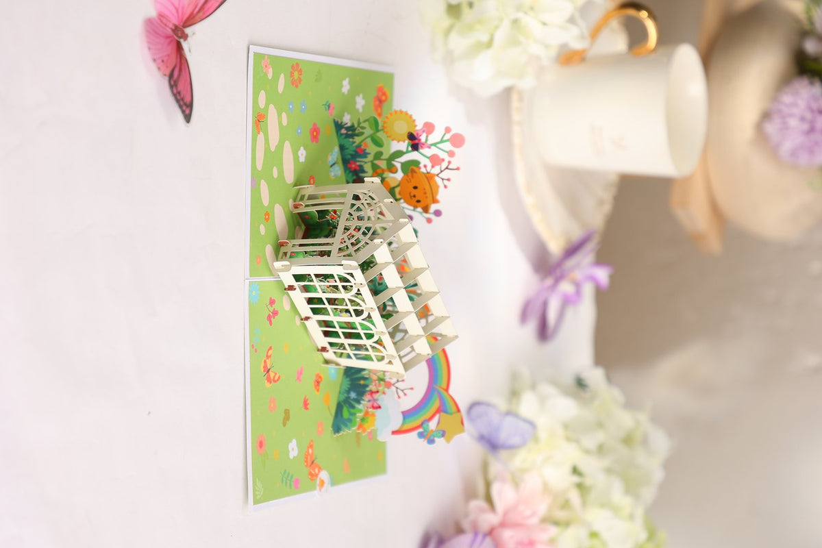 Greenhouse Cat Watering Plants 3D Pop Up Card