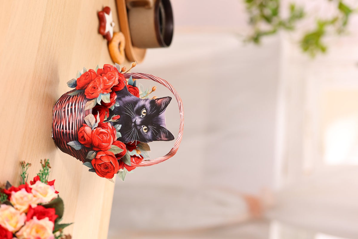 Black Cat Red Rose Basket Hanging Ornament