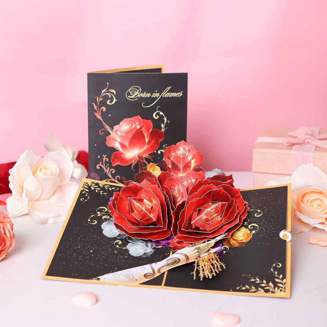 Red rose pop up card with matching note card on a pink background