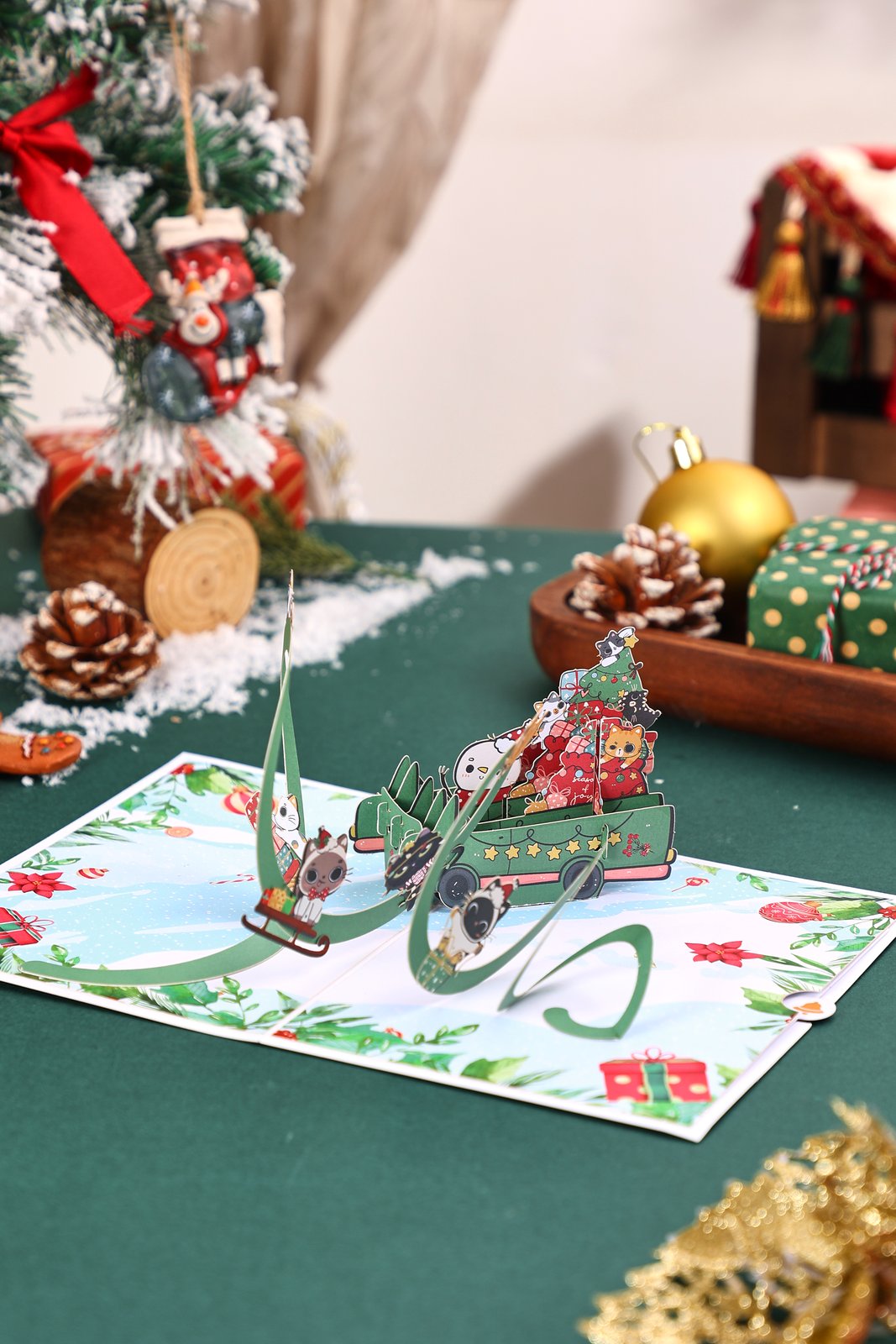 Christmas Cat Snow Car Greeting Card
