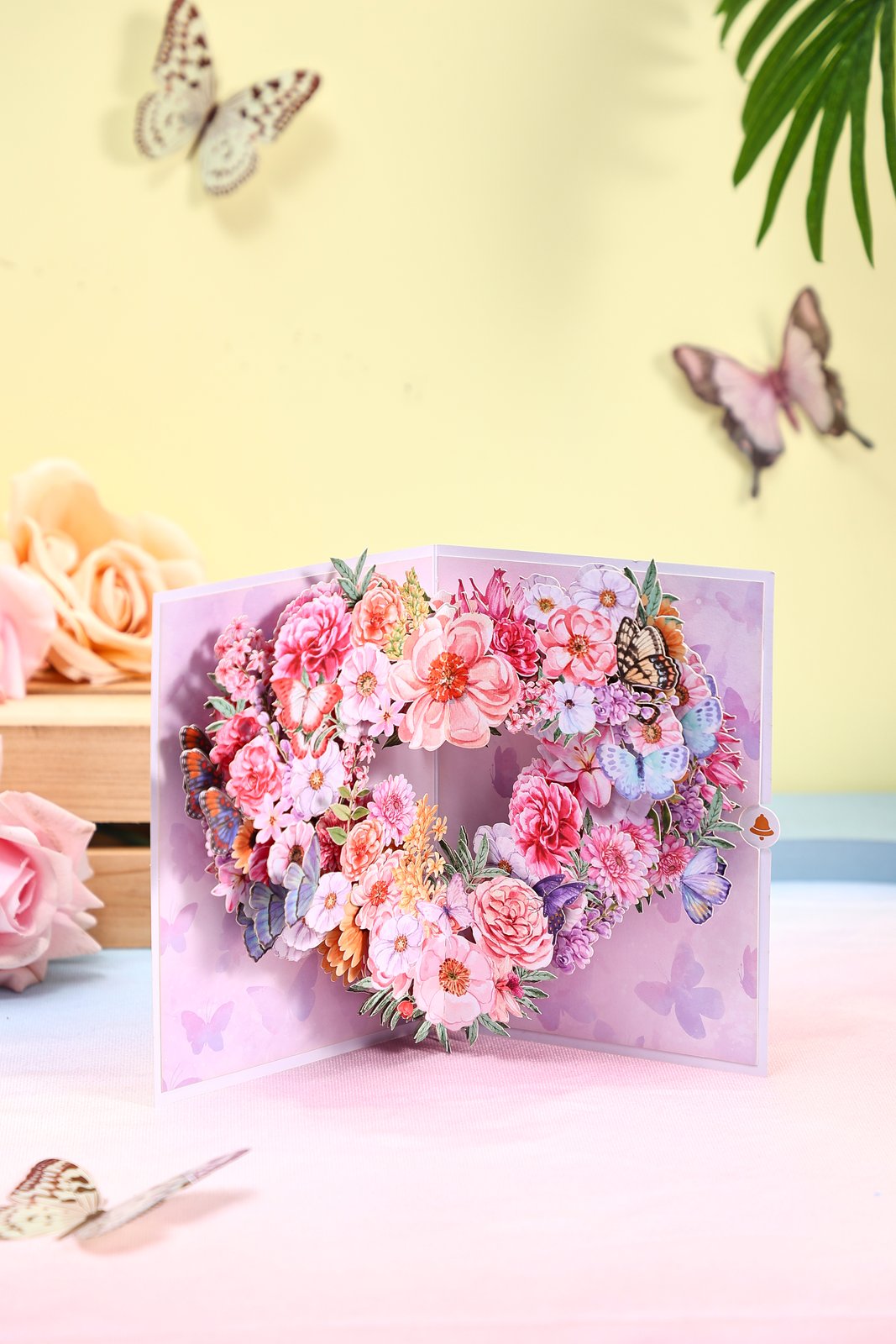 Purple Heart Fresh Flowers Butterfly Floral Wreath Pop Up Card