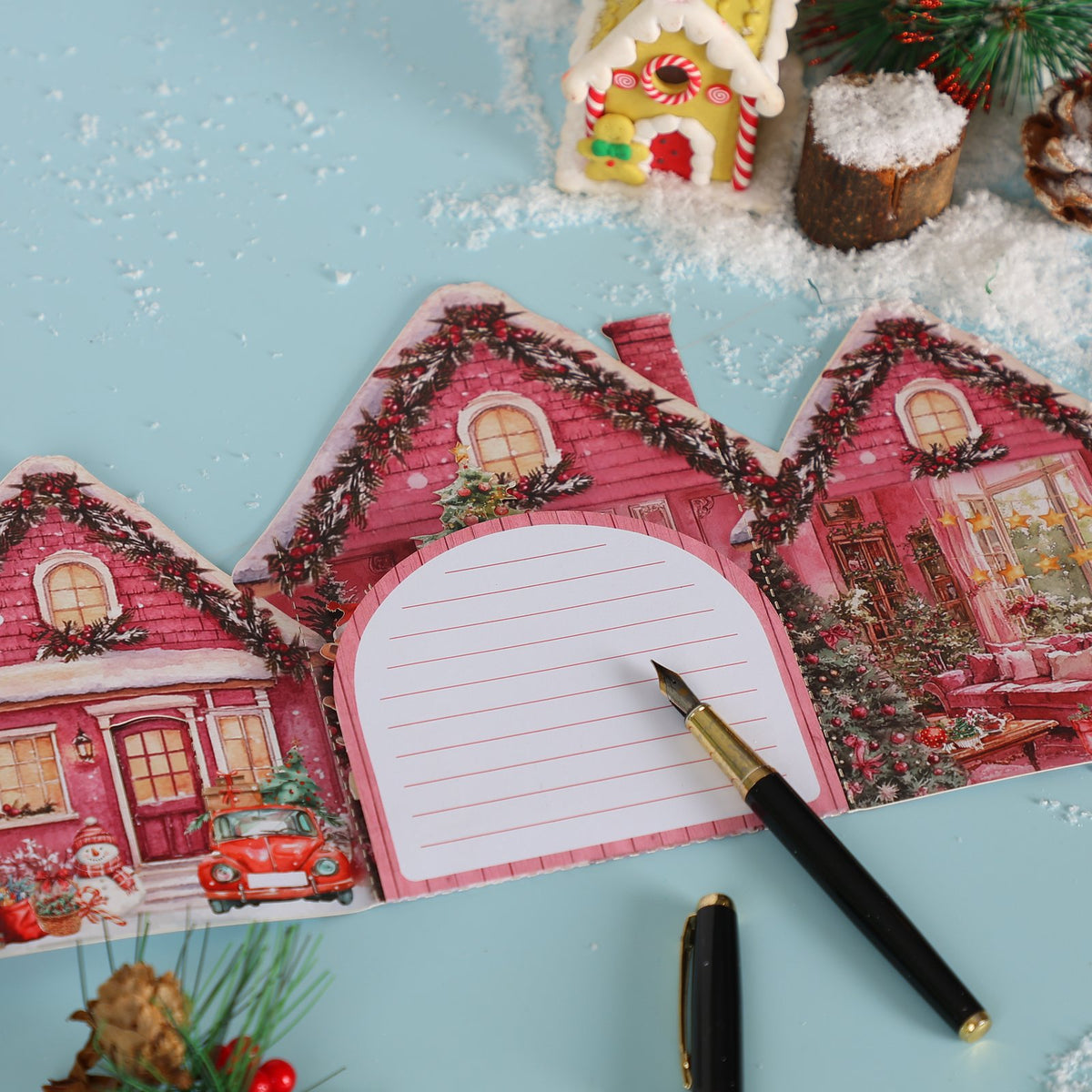 Pink Christmas Snowy House Greeting Card