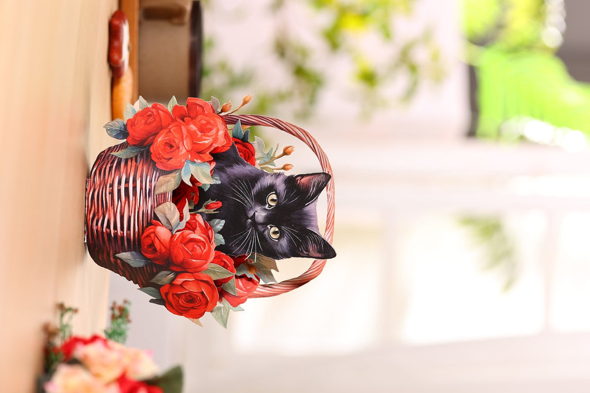 Black Cat Red Rose Basket Hanging Ornament