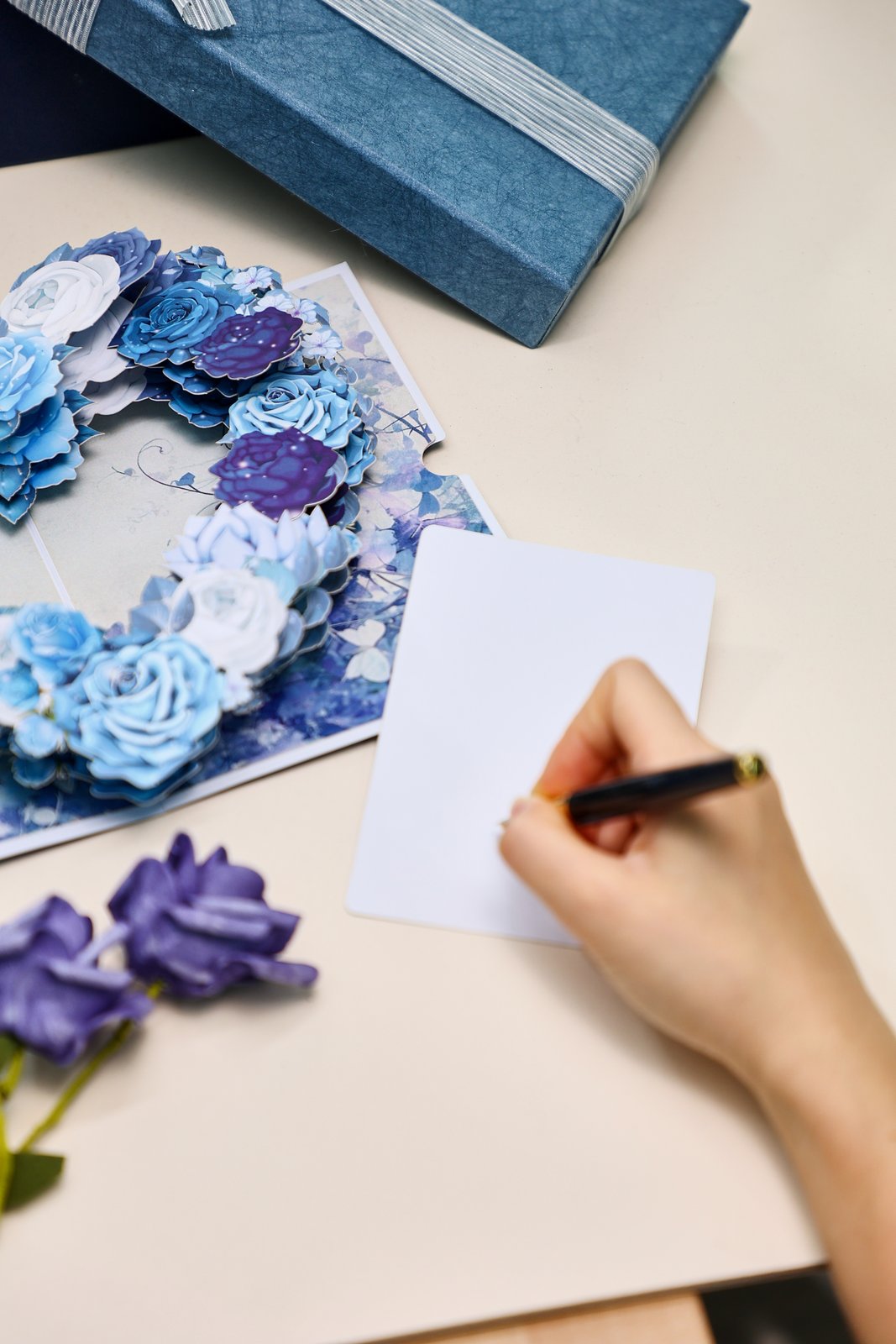 Blue White Rose Heart 3D Pop Up Card