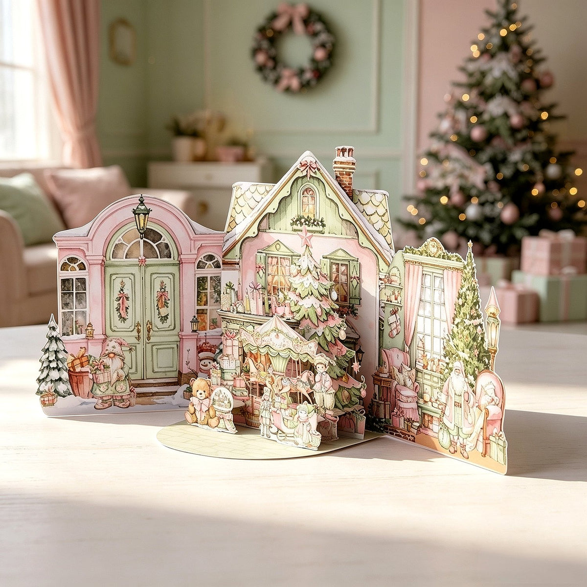Vintage Pink Green Christmas Double Door Card