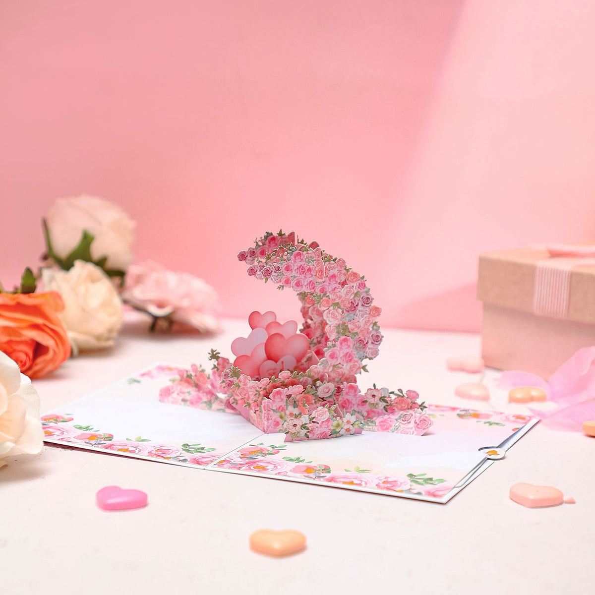 Pink Rose Heart 3D Pop Up Card