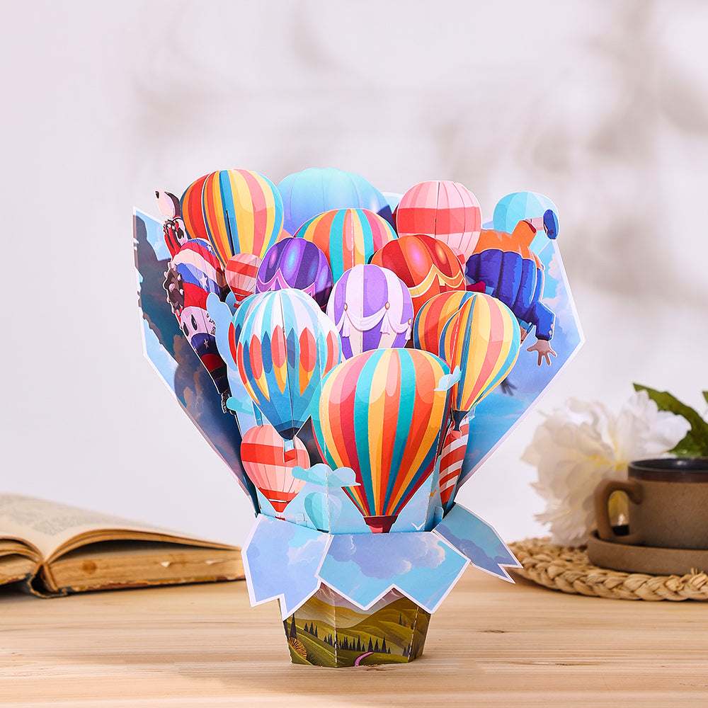 Custom Colorful Hot Air Balloon 3D Pop-Up Card Vibrant 3D Flower Bouquet