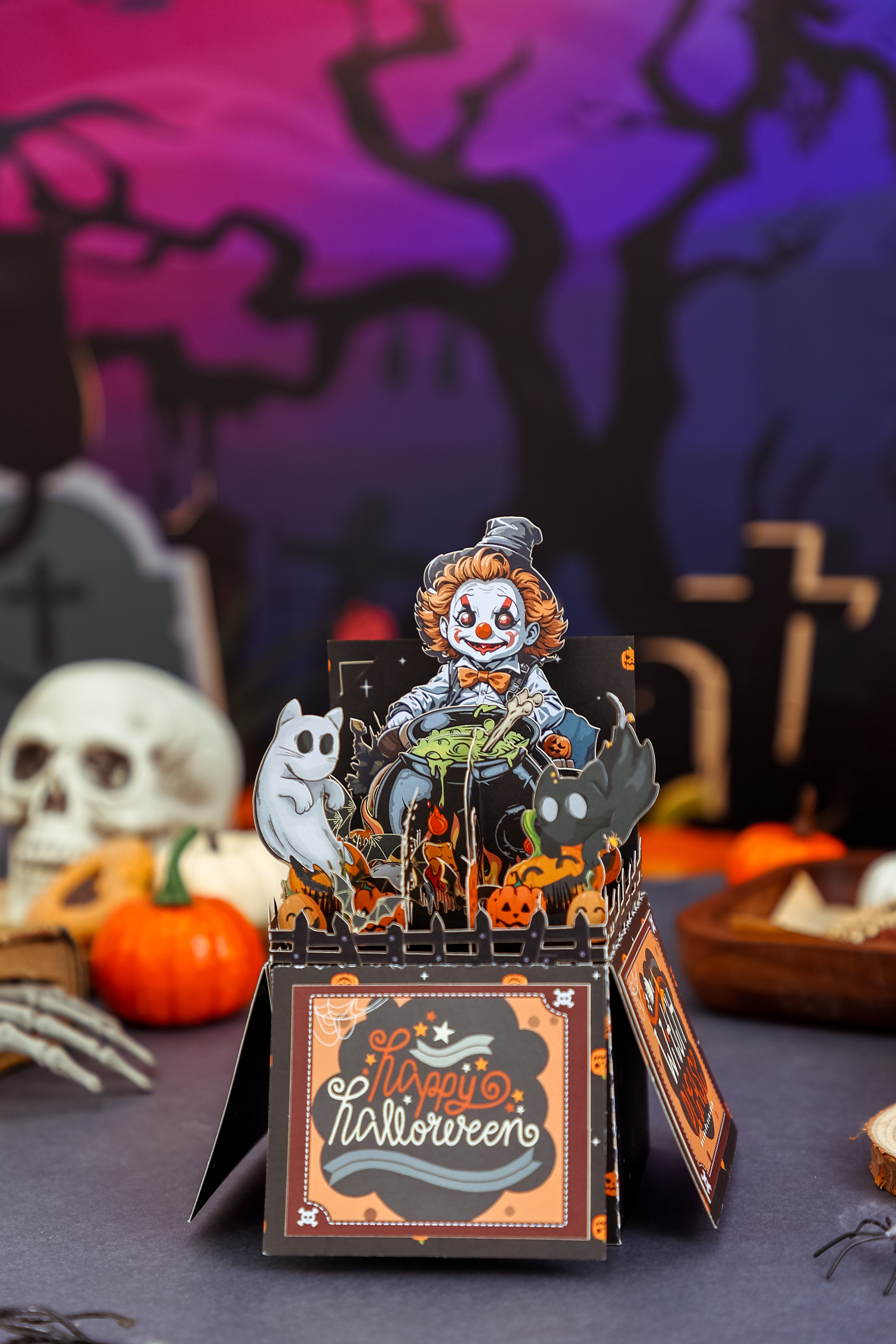 Large Production Capacity Spooky Clown 3D Pop-Up Card Halloween Box Shape Table Decor Greeting Card