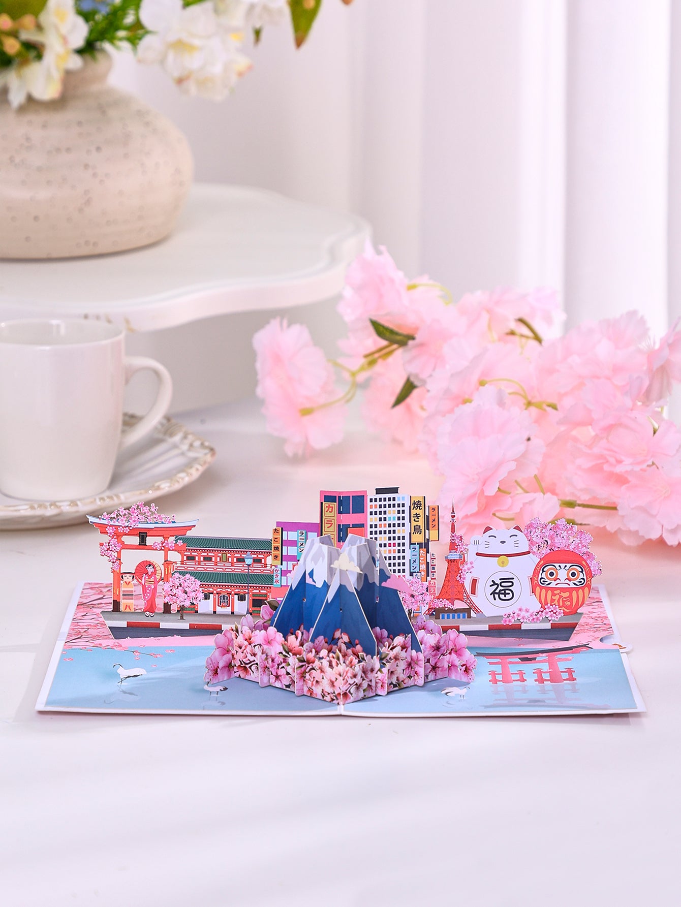 Custom Japan Scene 3D Pop-Up Card  Mount Fuji & Cherry Blossom Bulk Travel Greeting Card