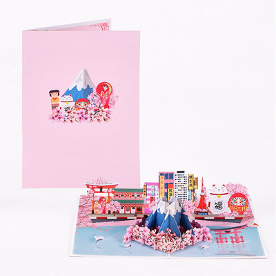 Custom Japan Scene 3D Pop-Up Card  Mount Fuji & Cherry Blossom Bulk Travel Greeting Card