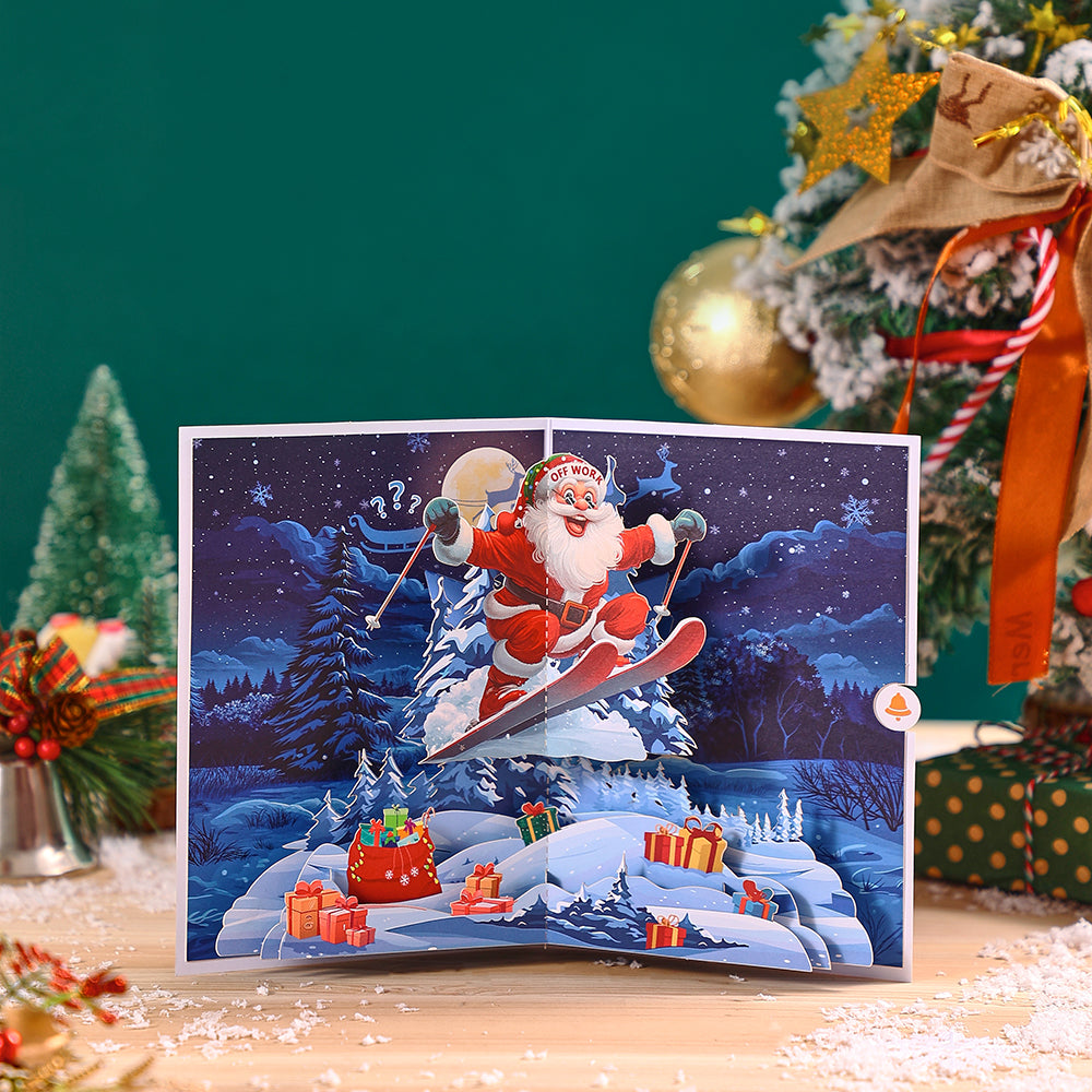 Factory Direct Sale Skiing Santa 3D Pop-Up Christmas Card Festive Greeting Card for Holiday Wishes Winter Celebrations