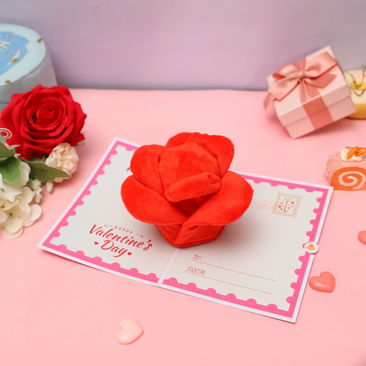 Wholesale Supplier Plush Rose Valentine's Day 3D Pop-Up Greeting Card Romantic Soft Gift