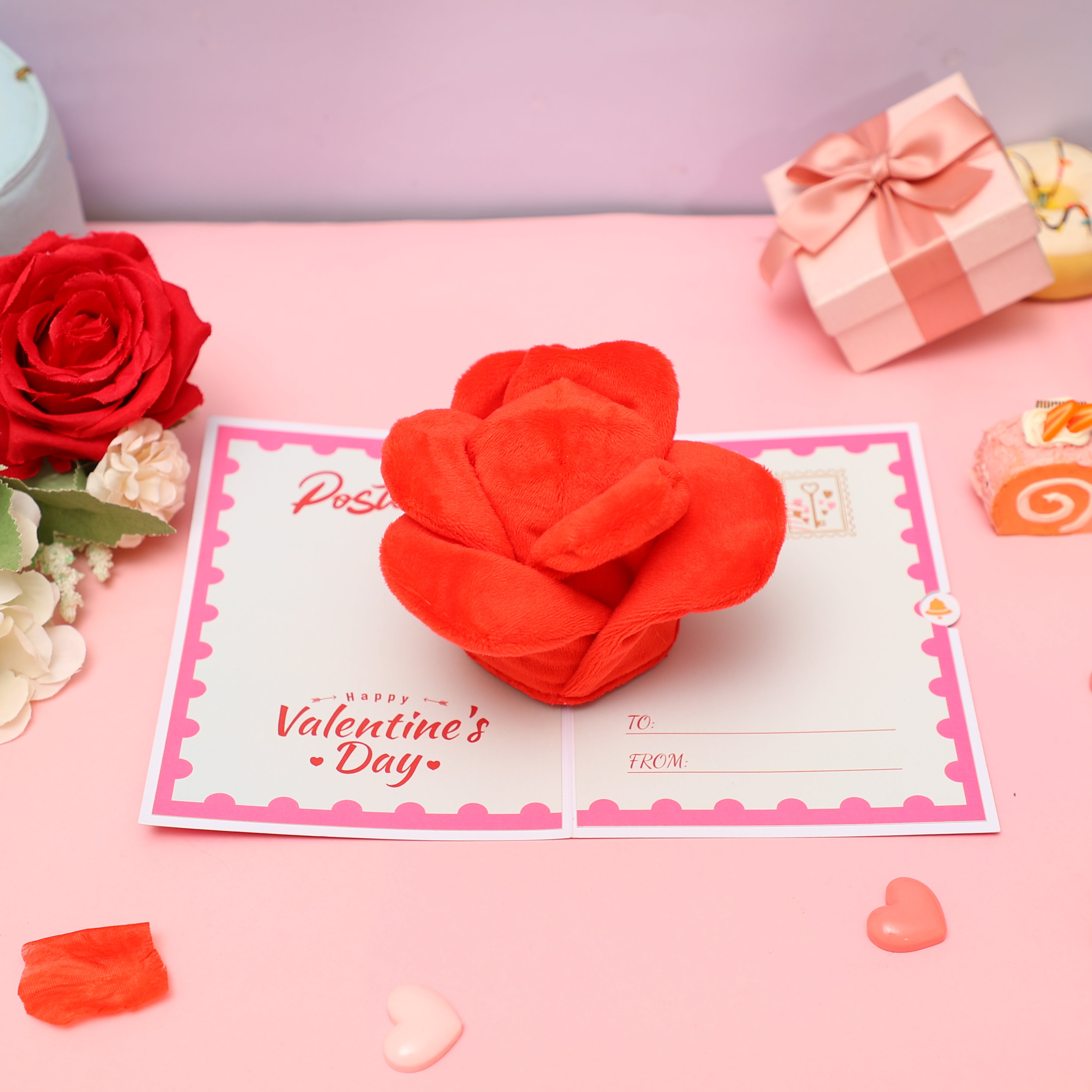 Wholesale Supplier Plush Rose Valentine's Day 3D Pop-Up Greeting Card Romantic Soft Gift