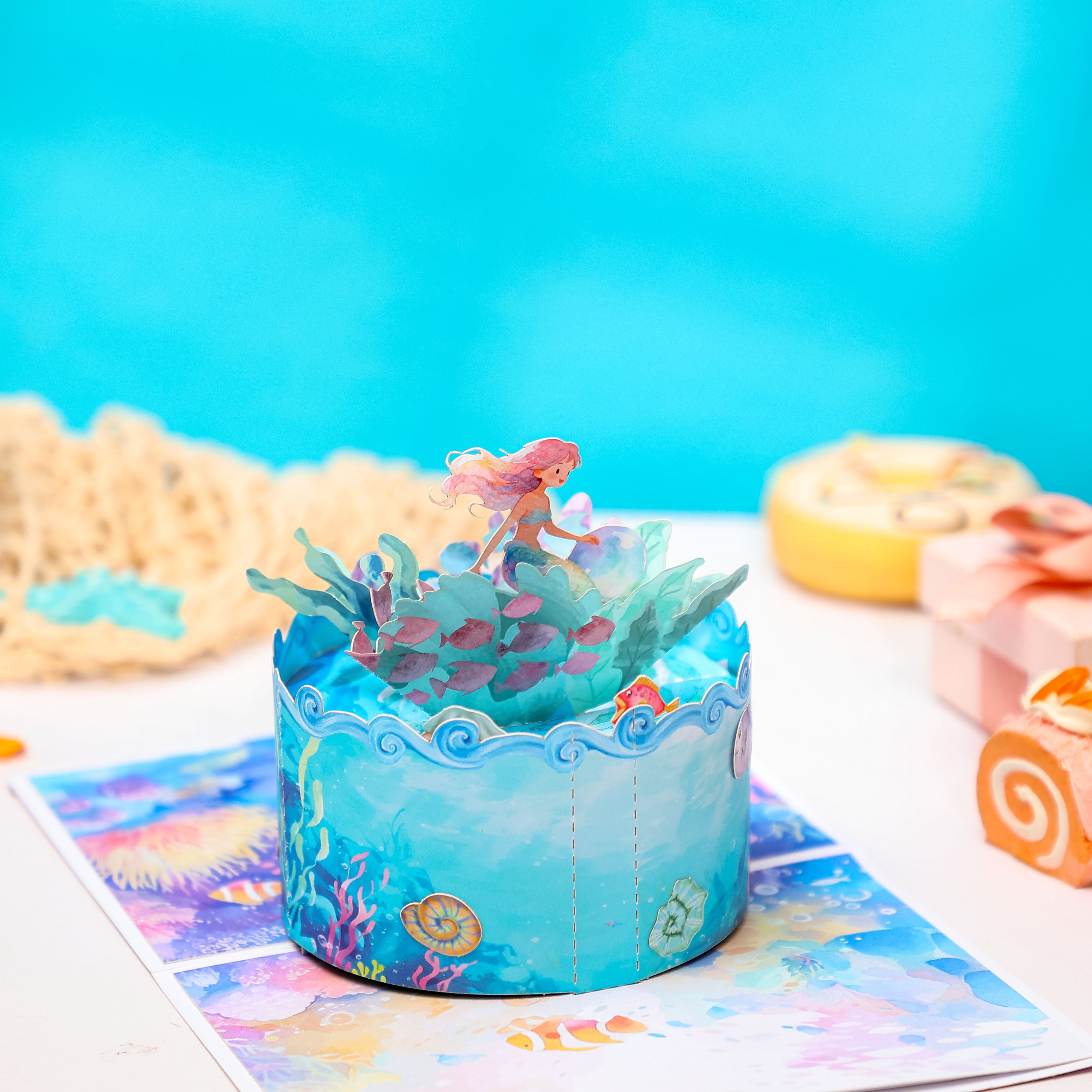 Custom Manufacturer Mermaid 3D Pop-Up Card Birthday Underwater Cake Design Bulk Party Greeting Card