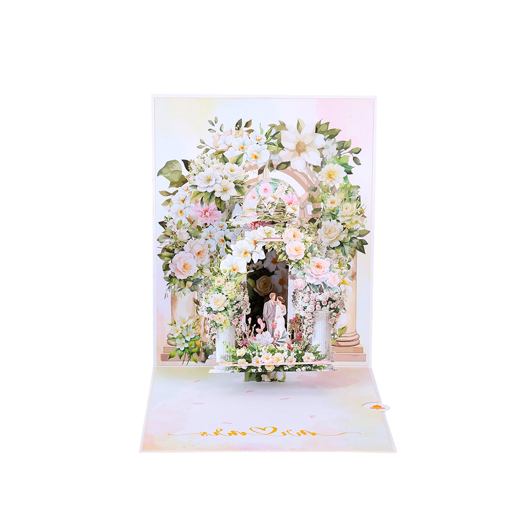 3D Floral Wedding Arch Pop Up Greeting Card - Elegant Printed Keepsake for Newlyweds