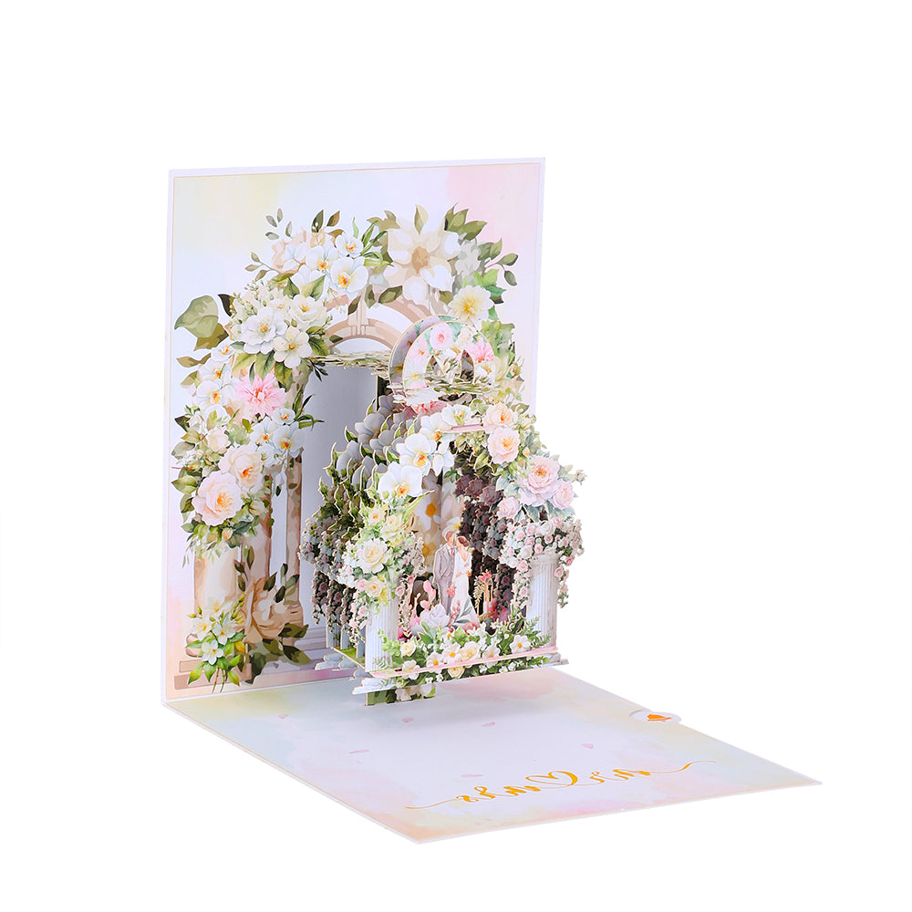 3D Floral Wedding Arch Pop Up Greeting Card - Elegant Printed Keepsake for Newlyweds