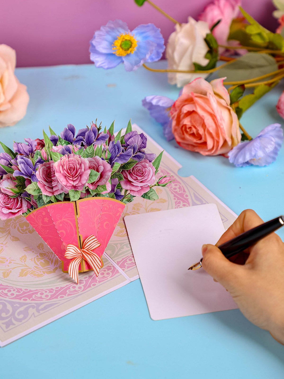 Manufacturer Wholesale Pink Pueple Roses Flower Bouquet 3D Pop-up Card