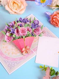 Manufacturer Wholesale Pink Pueple Roses Flower Bouquet 3D Pop-up Card