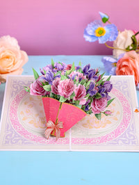 Manufacturer Wholesale Pink Pueple Roses Flower Bouquet 3D Pop-up Card