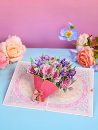 Manufacturer Wholesale Pink Pueple Roses Flower Bouquet 3D Pop-up Card