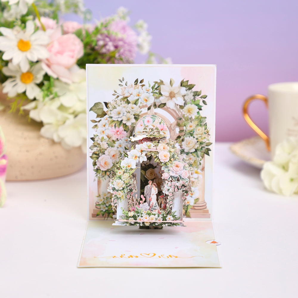 3D Floral Wedding Arch Pop Up Greeting Card - Elegant Printed Keepsake for Newlyweds