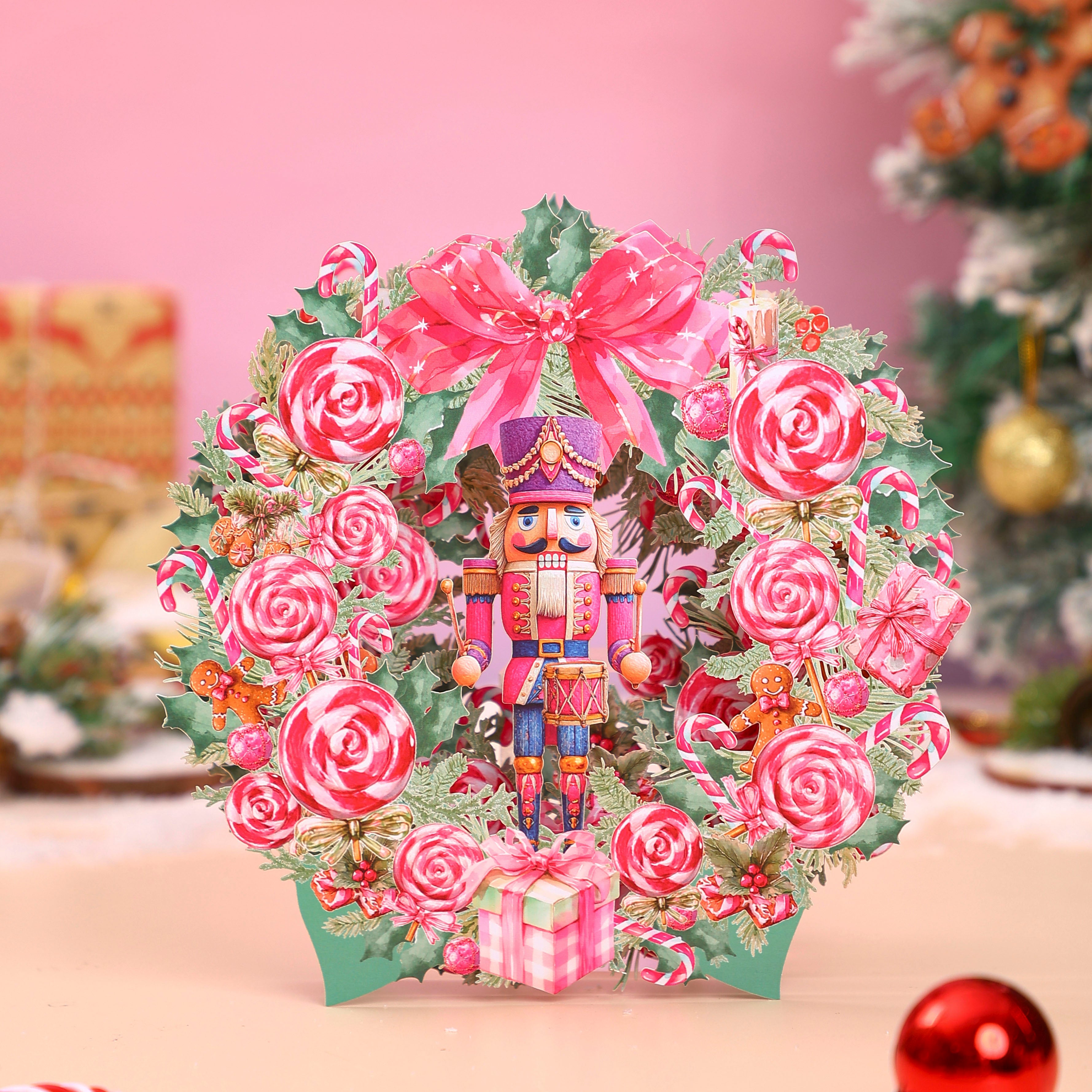 Custom Logo Nutcracker Christmas Wreath 3D Pop-Up Greeting Card Festive Holiday 3D Desk Decor