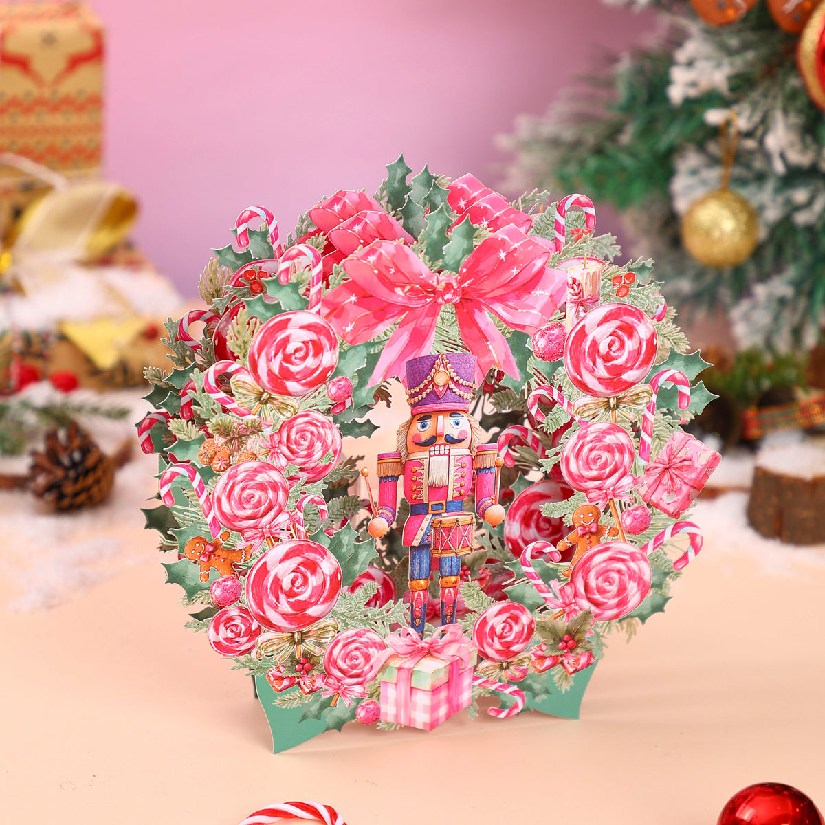 Custom Logo Nutcracker Christmas Wreath 3D Pop-Up Greeting Card Festive Holiday 3D Desk Decor