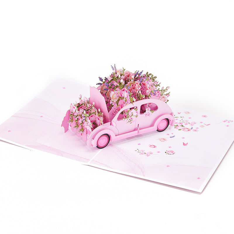 Large Scale Sale 3D Pop-Up Greeting Card With Pink Flowers Car Design Handmade Card