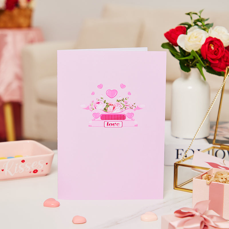 Large Scale Sale 3D Pop-Up Greeting Card With Pink Flowers Car Design Handmade Card