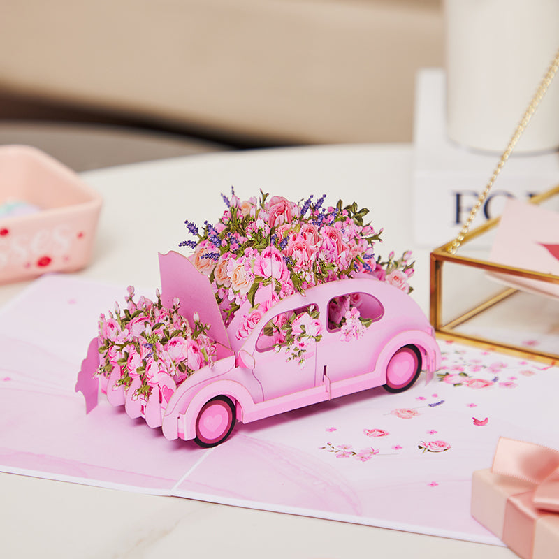 Large Scale Sale 3D Pop-Up Greeting Card With Pink Flowers Car Design Handmade Card