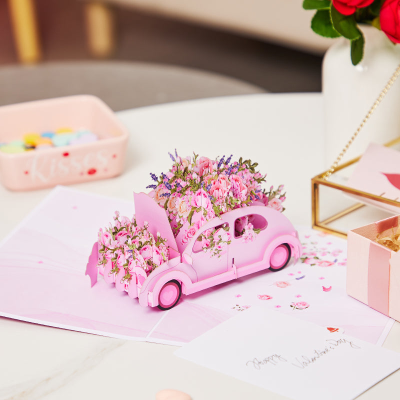 Large Scale Sale 3D Pop-Up Greeting Card With Pink Flowers Car Design Handmade Card