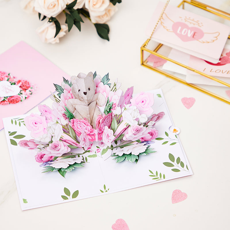 Factory High Quality 3D Pop-Up Greeting Card with Bear & Pink Roses Romantic Gift for Valentine's Day