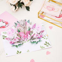 Factory High Quality 3D Pop-Up Greeting Card with Bear & Pink Roses Romantic Gift for Valentine's Day