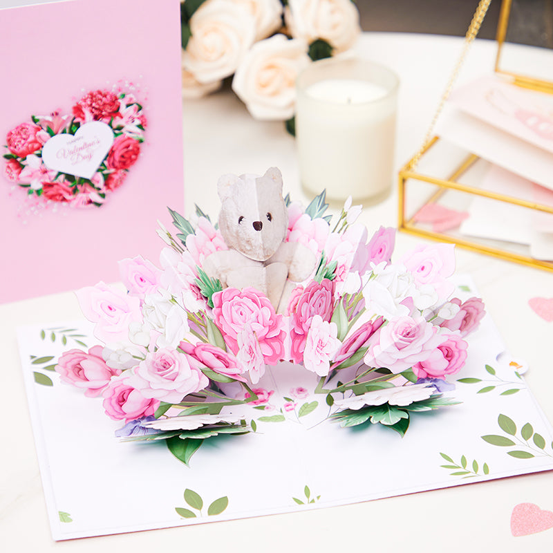 Factory High Quality 3D Pop-Up Greeting Card with Bear & Pink Roses Romantic Gift for Valentine's Day