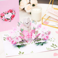 Factory High Quality 3D Pop-Up Greeting Card with Bear & Pink Roses Romantic Gift for Valentine's Day