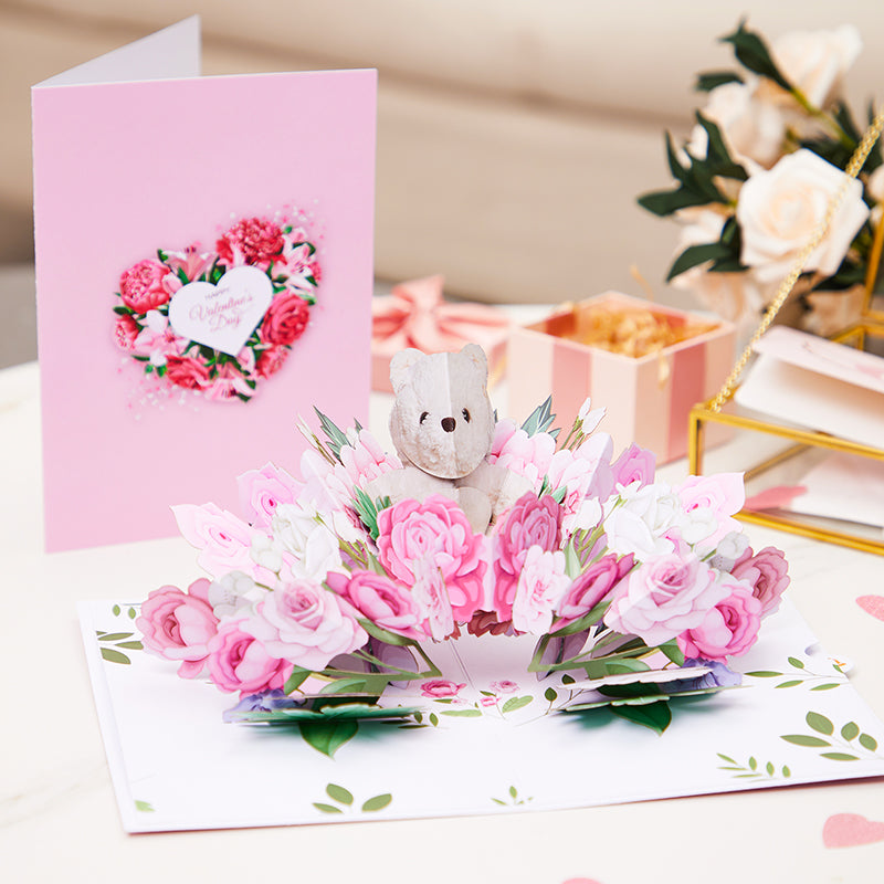 Factory High Quality 3D Pop-Up Greeting Card with Bear & Pink Roses Romantic Gift for Valentine's Day