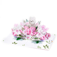 Factory High Quality 3D Pop-Up Greeting Card with Bear & Pink Roses Romantic Gift for Valentine's Day
