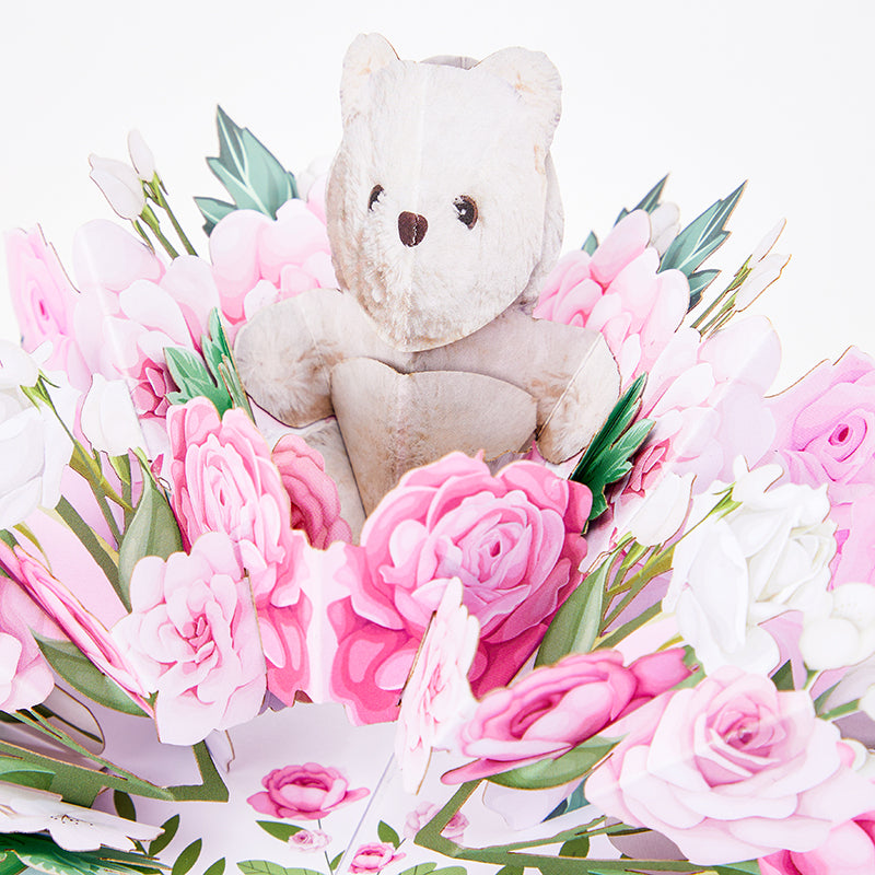 Factory High Quality 3D Pop-Up Greeting Card with Bear & Pink Roses Romantic Gift for Valentine's Day