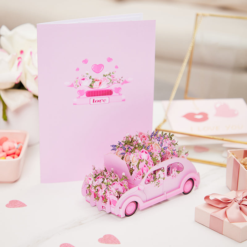 Large Scale Sale 3D Pop-Up Greeting Card With Pink Flowers Car Design Handmade Card