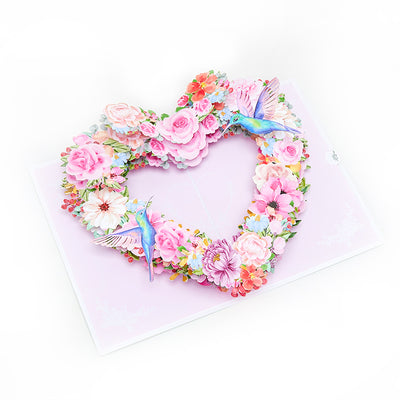 Low MOQ Heart Floral Wreath 3D Pop-Up Card with Hummingbirds Romantic Gift for Love & Wedding