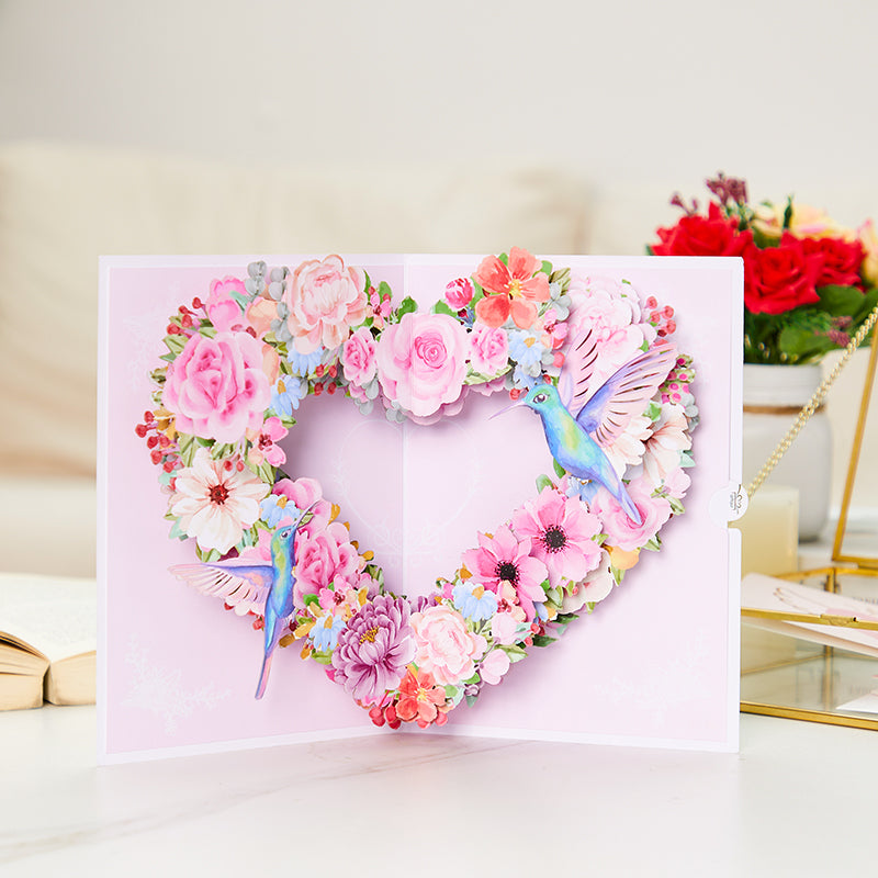 Low MOQ Heart Floral Wreath 3D Pop-Up Card with Hummingbirds Romantic Gift for Love & Wedding